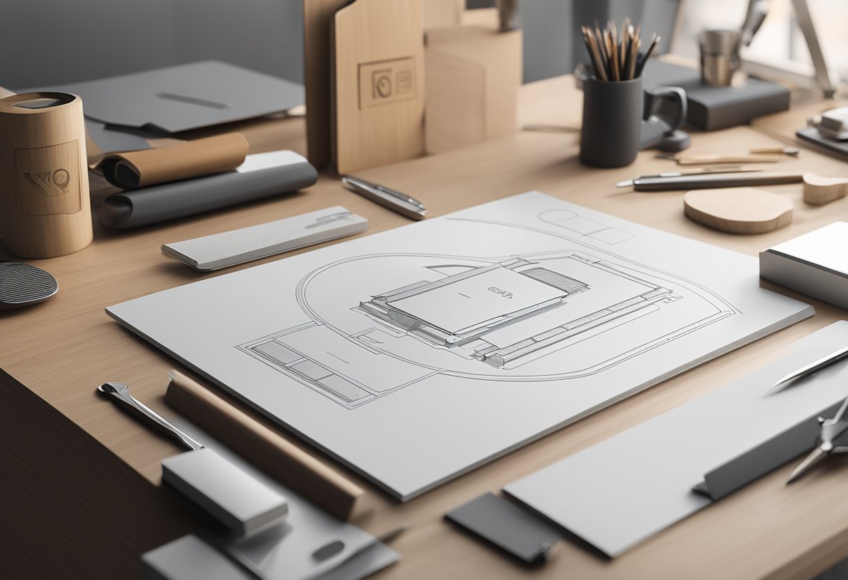 A renovation company's logo is being engraved on a sleek, modern corporate gift. Various branding strategies are displayed on a mood board in the background