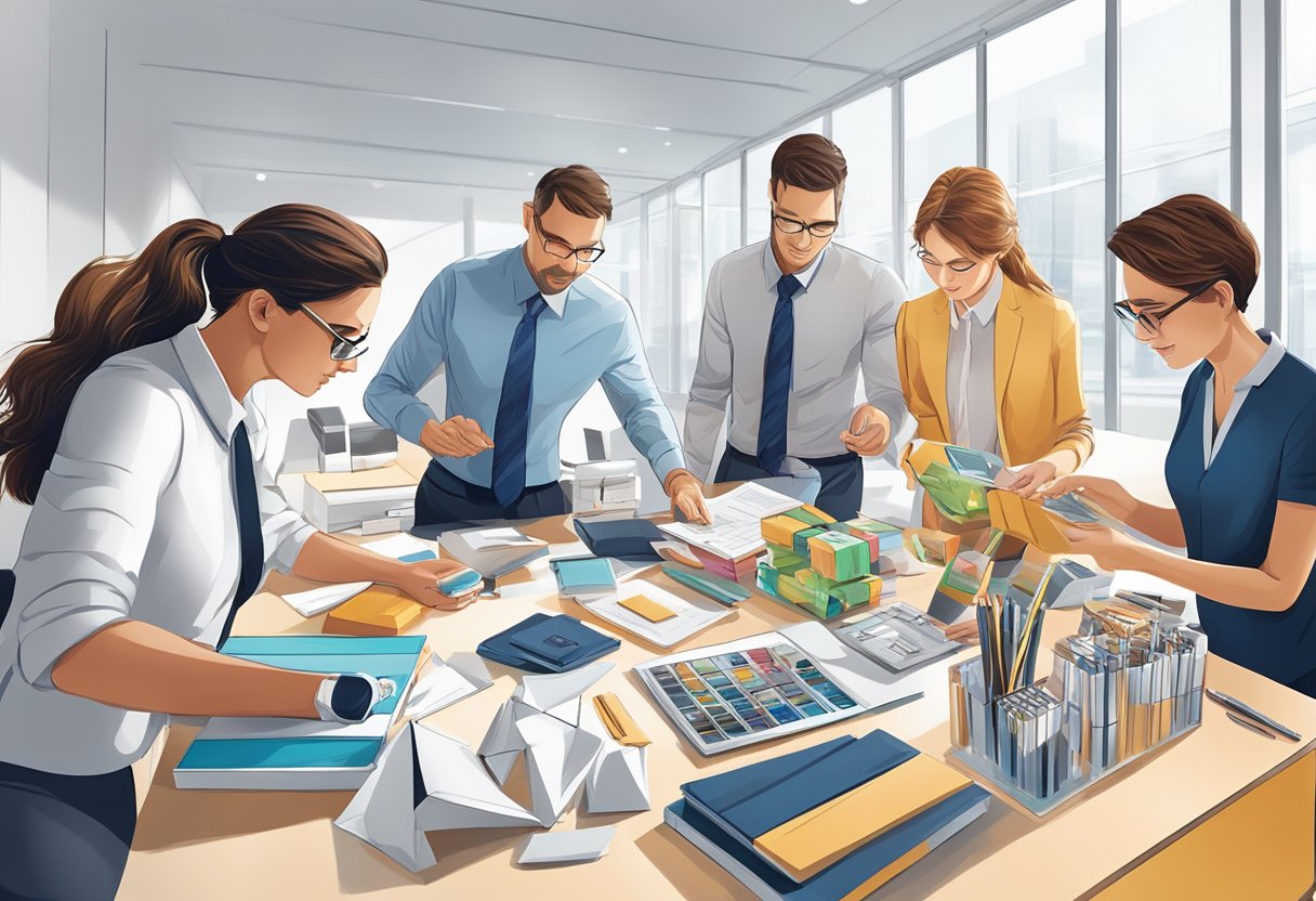 A group of professionals carefully choosing from a variety of high-quality corporate gifts displayed on a table in a well-lit and modern office setting