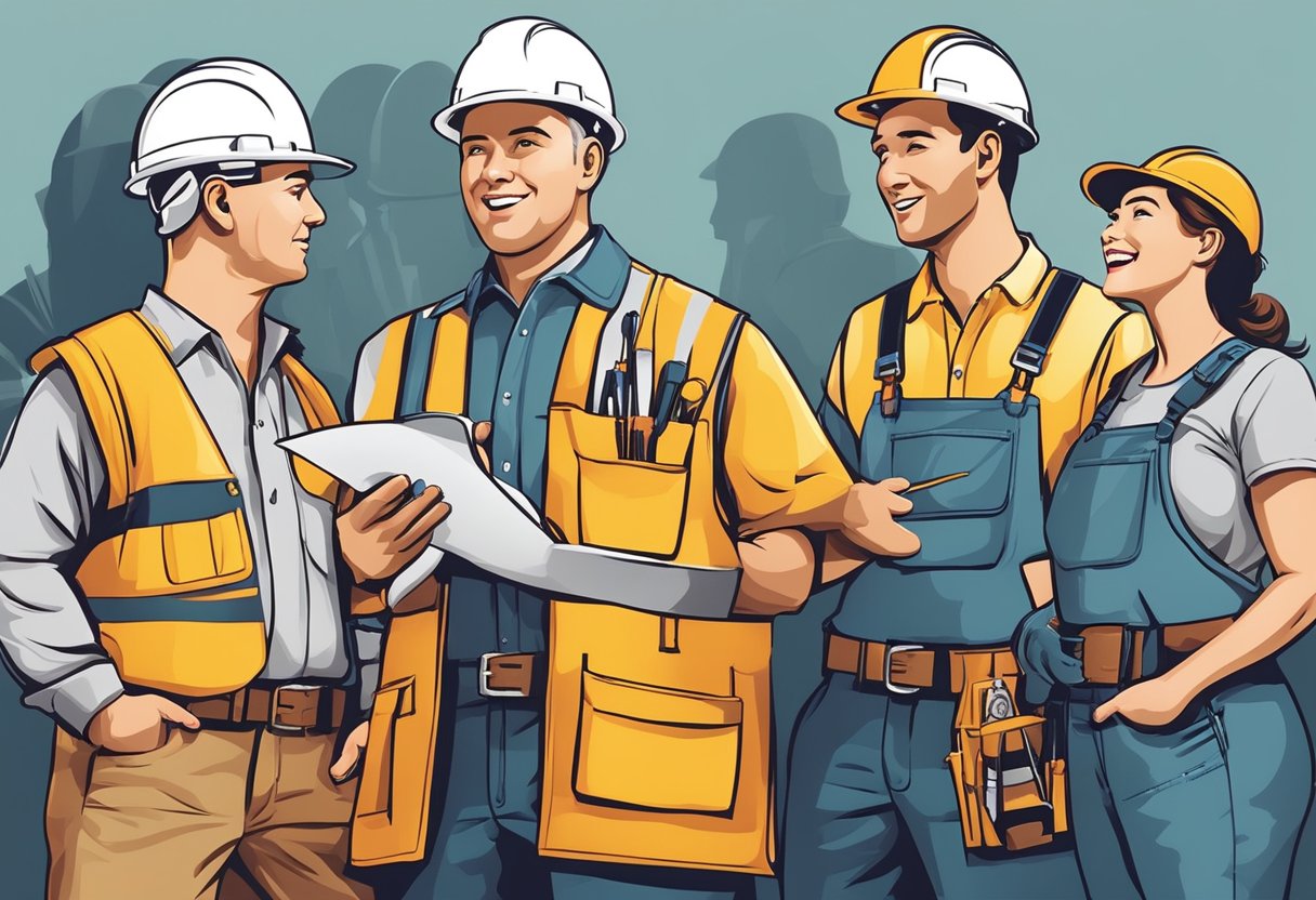 A group of workers in hard hats and tool belts discussing creative corporate gifts for a renovation company