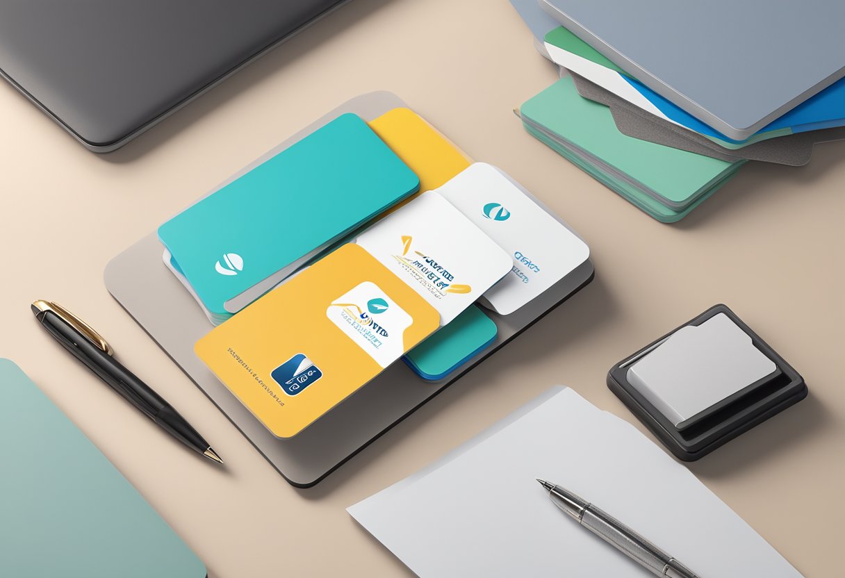 A stack of custom corporate gift cards arranged on a sleek, modern desk with a branded pen and a logo-embossed notepad