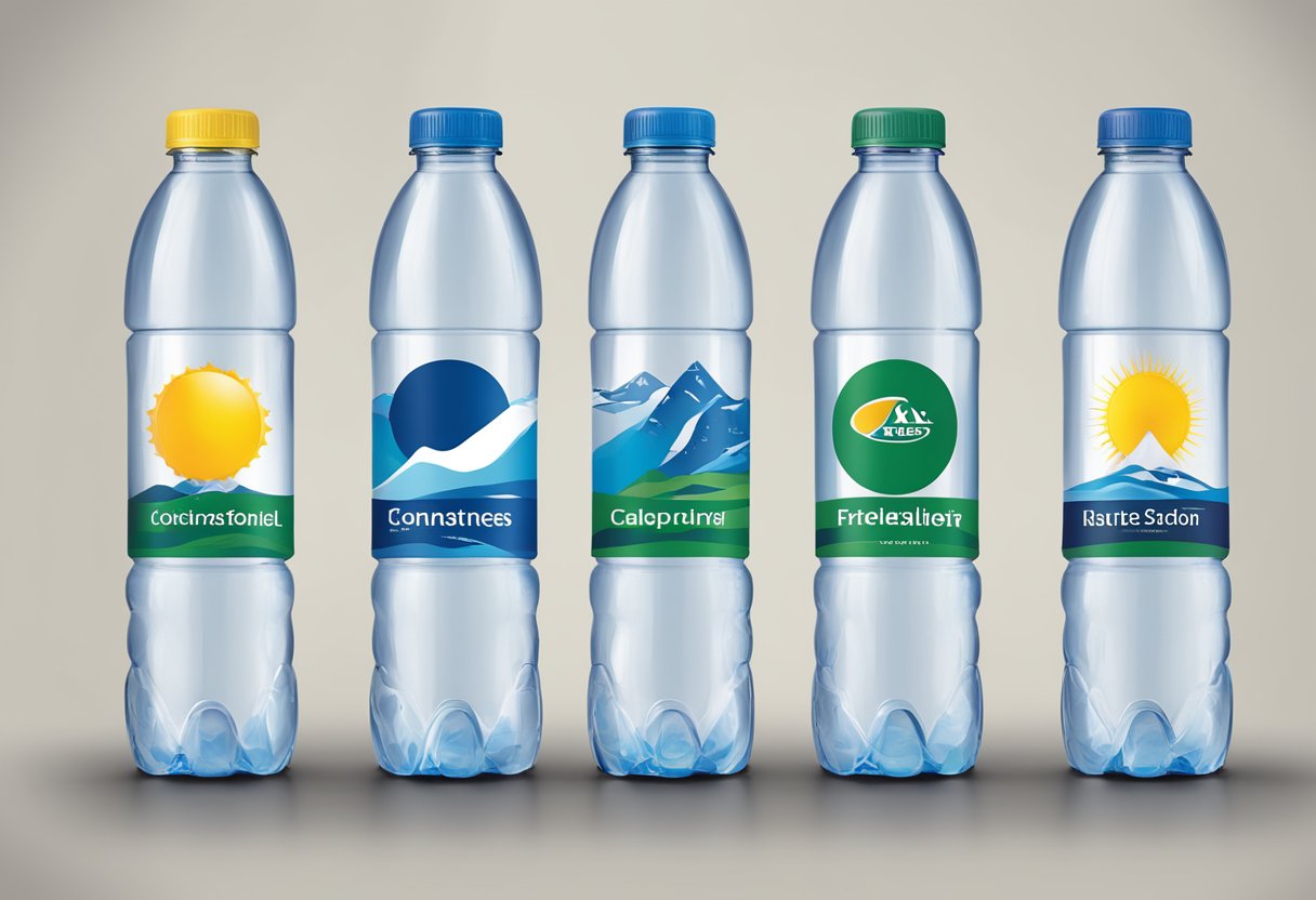 A table displays branded water bottles with corporate logos