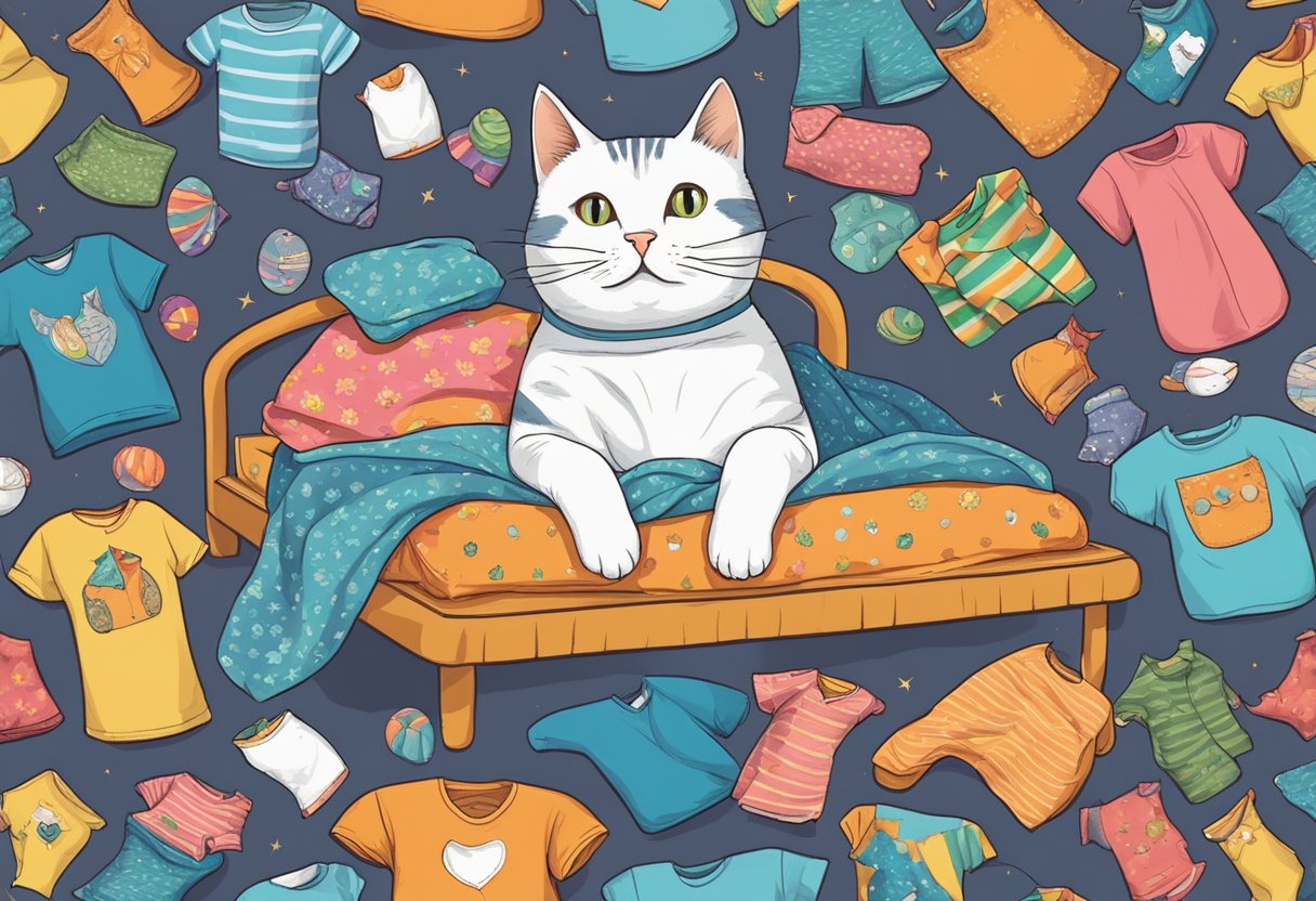 A playful cat surrounded by colorful, humorous shirts with cat designs, scattered on a cozy bed or hanging on a clothesline