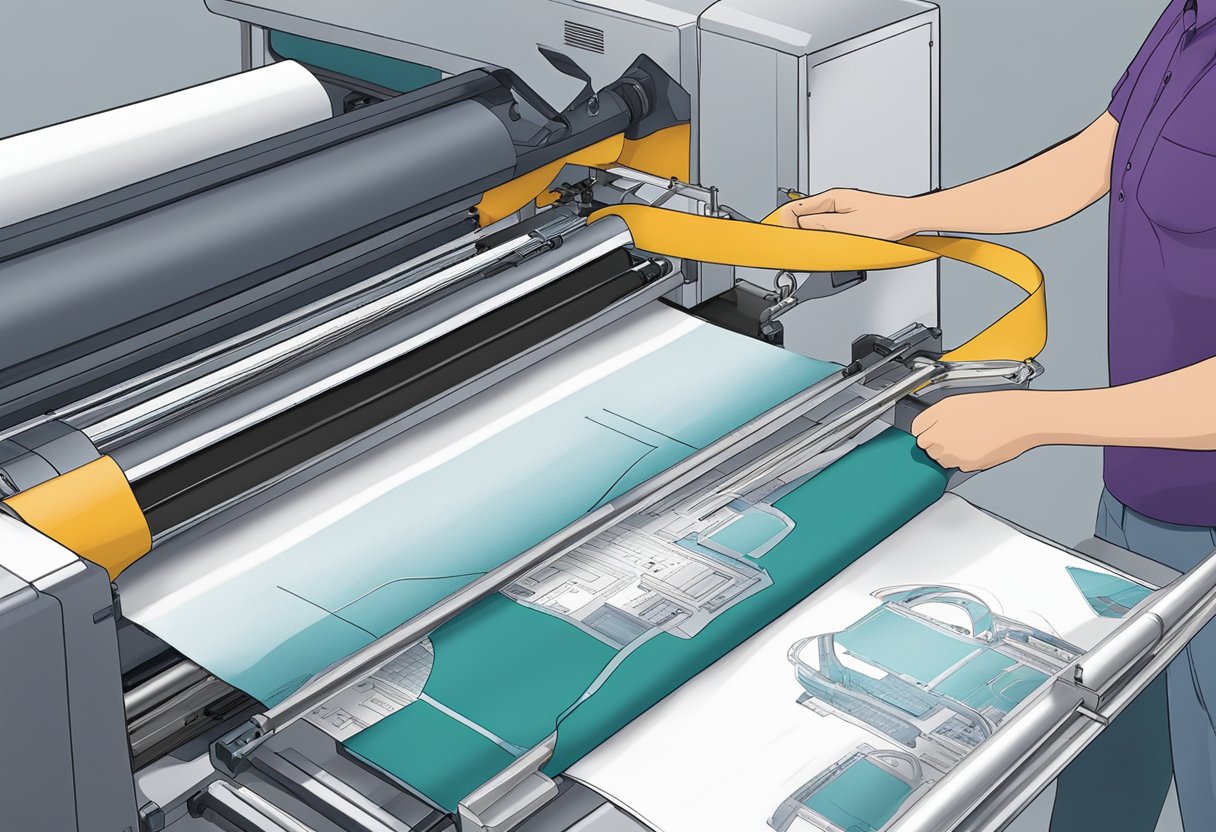 A printer feeds a lanyard through rollers, while a digital design is printed onto the fabric
