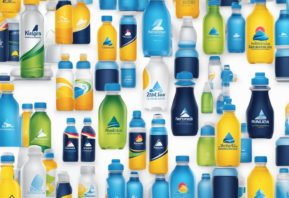 A table displays various branded water bottles with corporate logos. Bright colors and sleek designs catch the eye