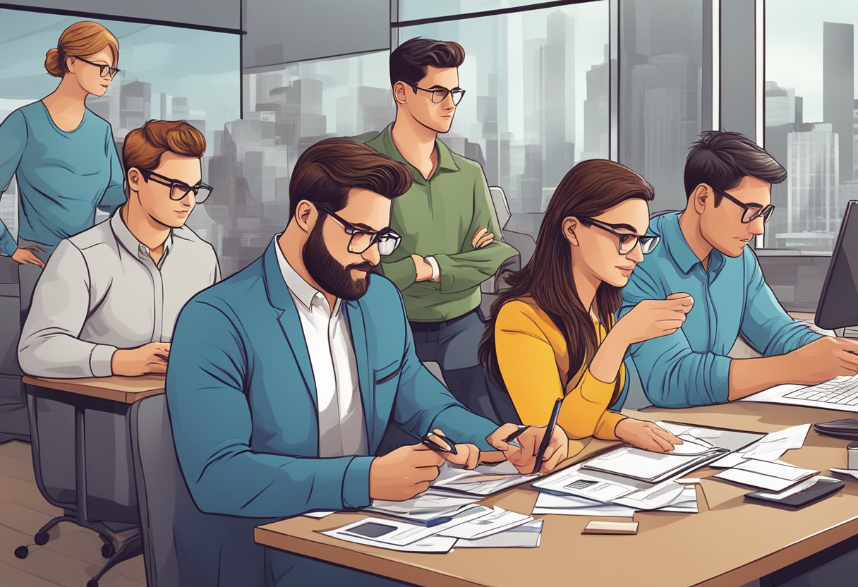 A group of employees brainstorming and designing custom corporate gift cards