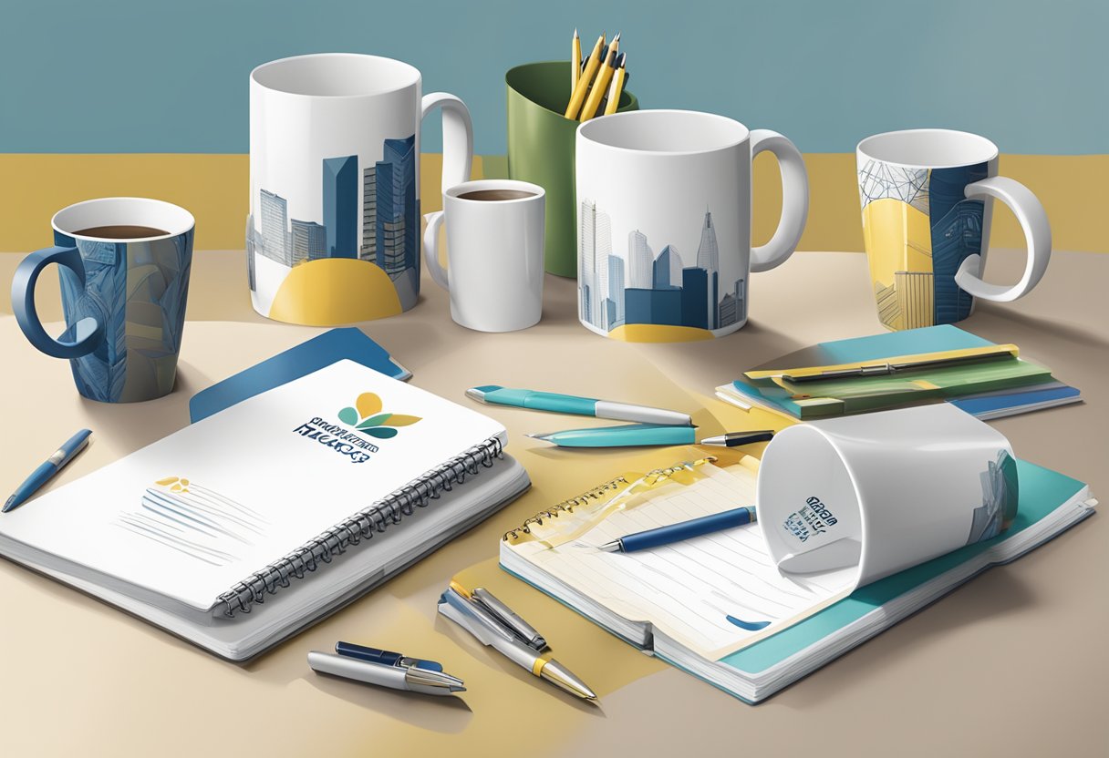 A table adorned with custom printed corporate gifts, including branded mugs, notebooks, and pens, arranged neatly for presentation