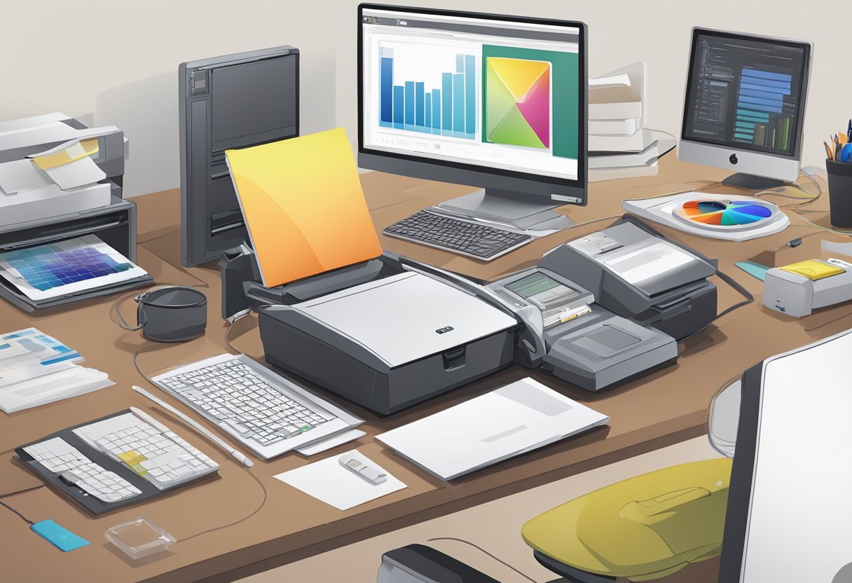 A computer with a lanyard design software open, a printer, and various lanyard materials spread out on a desk