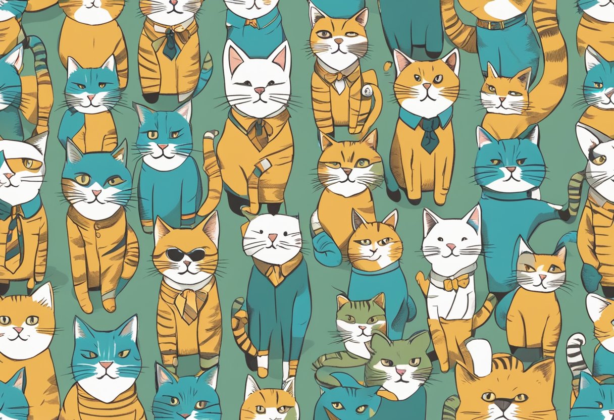 A group of cats wearing quirky shirts with humorous phrases, surrounded by question marks and playful designs