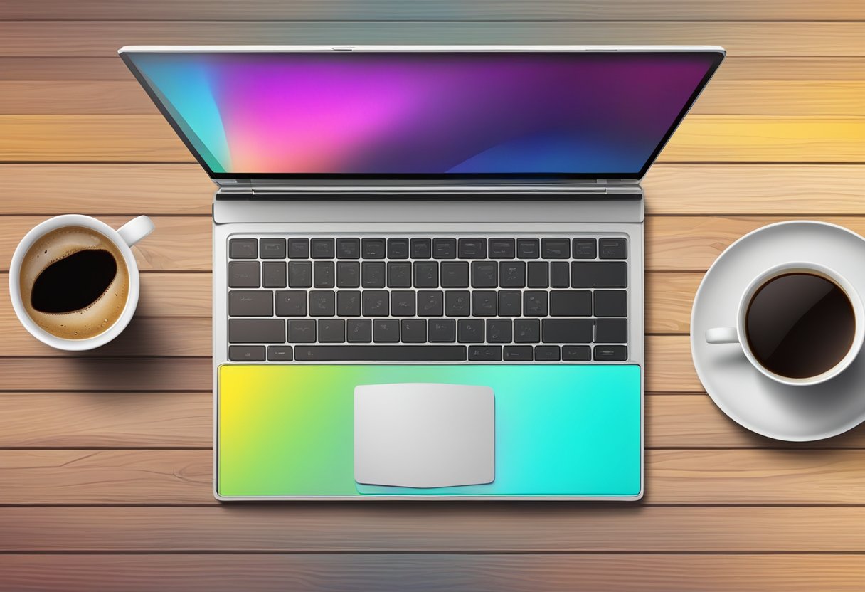 A laptop sits open on a wooden desk, with a cup of coffee next to it. The screen displays a colorful desktop wallpaper
