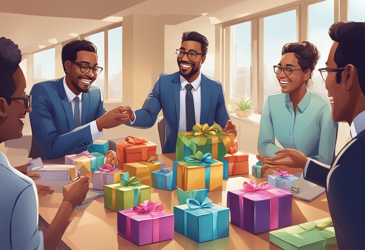 A group of corporate team members gathered around a table, exchanging gifts and smiling. The room is filled with excitement and camaraderie