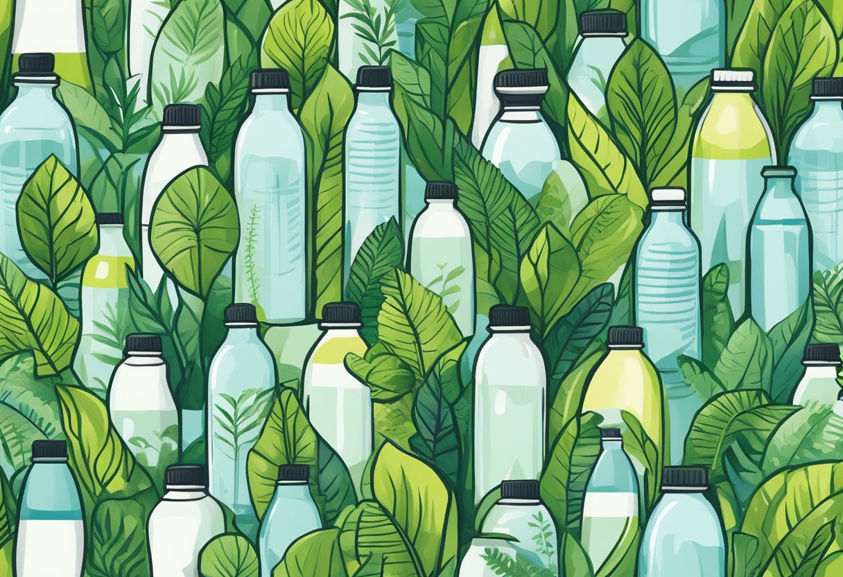 A group of branded water bottles surrounded by green plants and sustainable packaging, with a focus on health and environmental consciousness