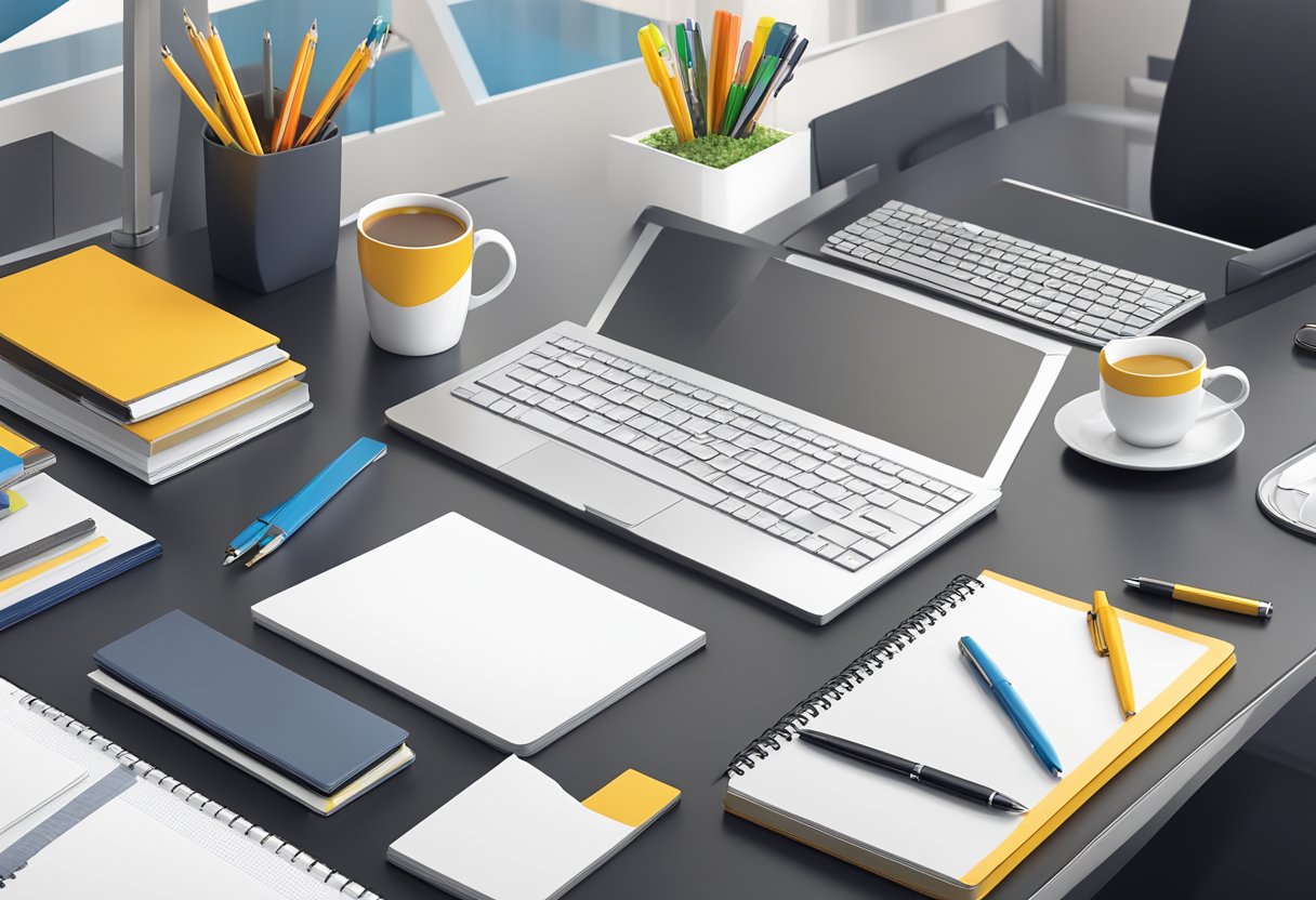 A sleek office desk adorned with custom printed corporate gifts and promotional items, including branded mugs, pens, and notebooks