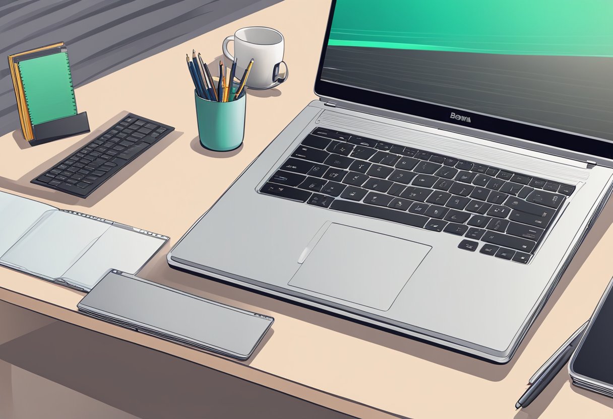 A laptop sits on a desk, open to display the screen and keyboard