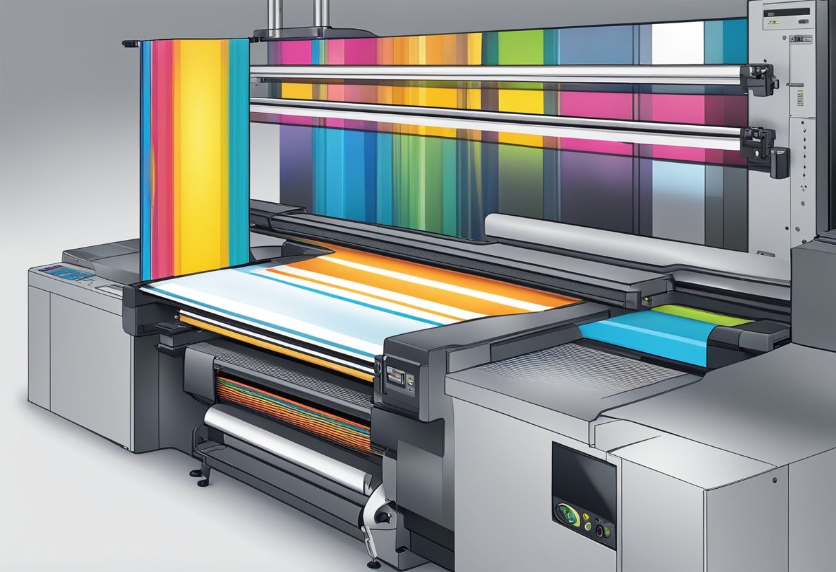 A printer feeds colorful lanyards through a high-speed machine, while a computer screen displays the design and order details