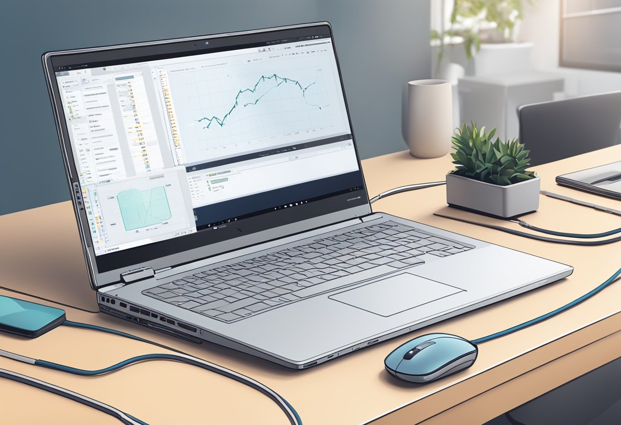 A laptop open on a desk, with cables connected to it and a mouse nearby. The screen displays technical specifications
