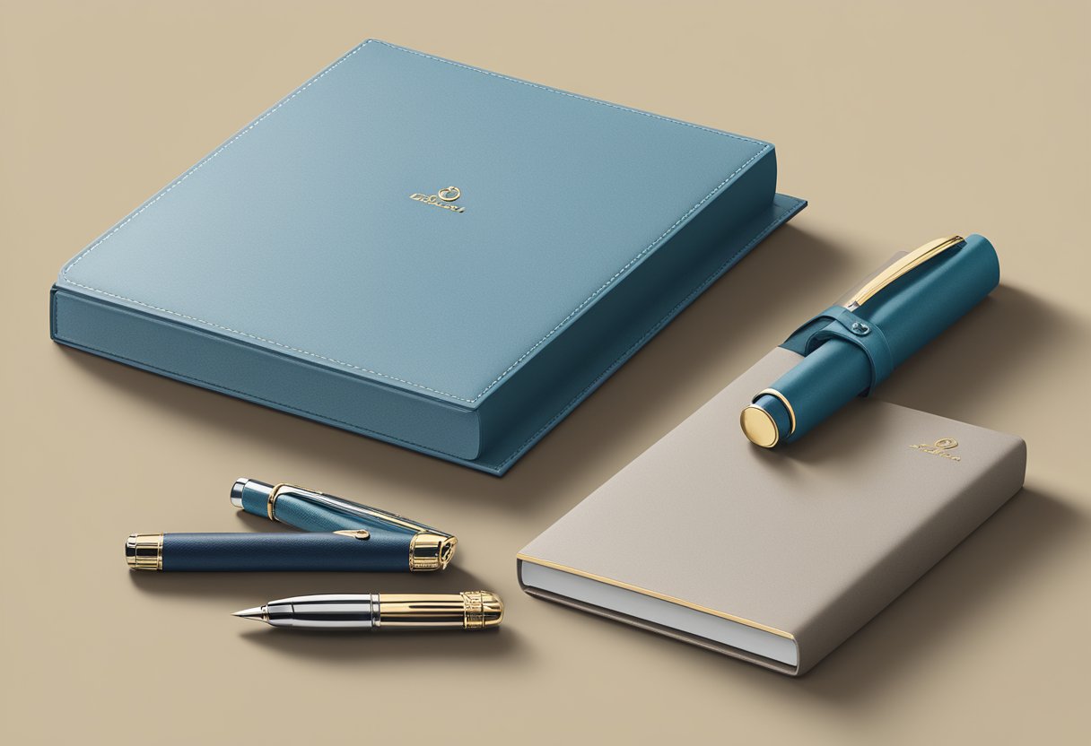 A table displays luxury corporate gifts: branded leather notebooks, engraved pens, and elegant gift boxes