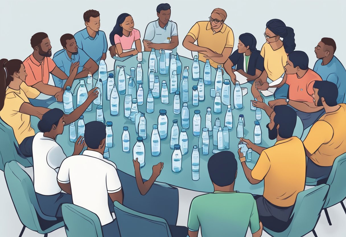 A table with branded water bottles, surrounded by a group of people asking questions