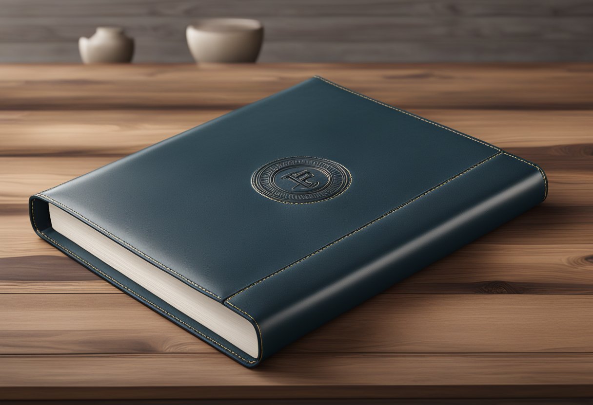 A custom leather binder lies open on a wooden desk, with intricate stitching and embossed initials on the cover