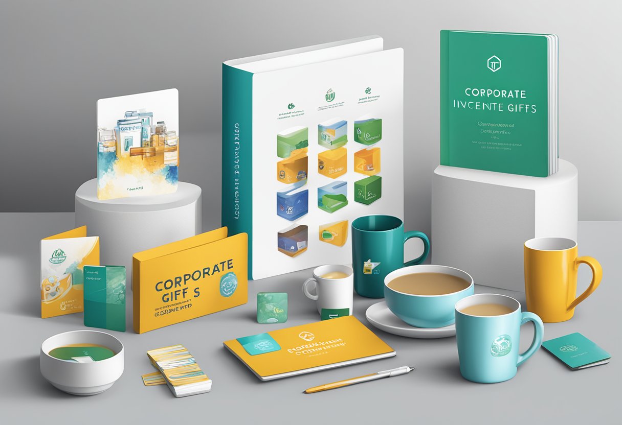 A table displays branded merchandise: mugs, notebooks, and gift cards. A banner reads "Corporate Incentive Gifts" above a display of luxury items