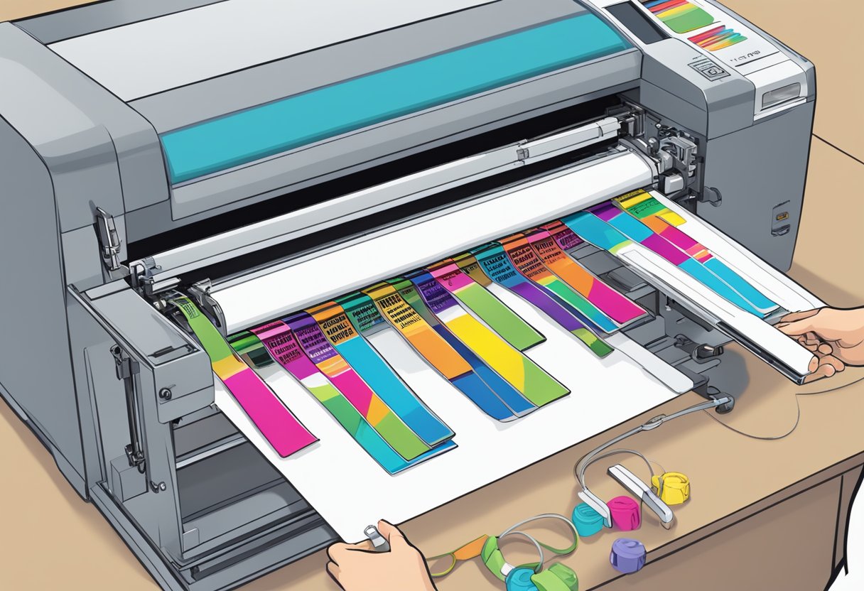 A printer feeds a colorful lanyard into a machine, printing the words "Frequently Asked Questions corporate lanyard" in bold letters