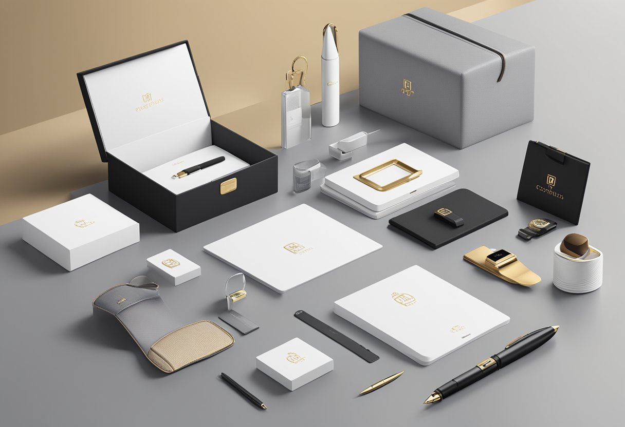 A table displays a variety of high-end corporate gifts, including branded tech gadgets, luxury pens, and elegant gift baskets. A company logo is subtly embossed on each item