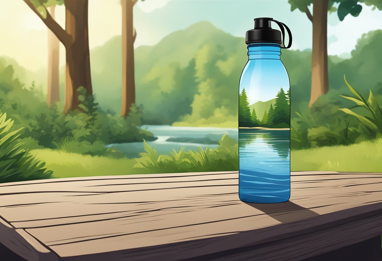 A custom water bottle sits on a wooden table, surrounded by lush greenery and a babbling brook in the background