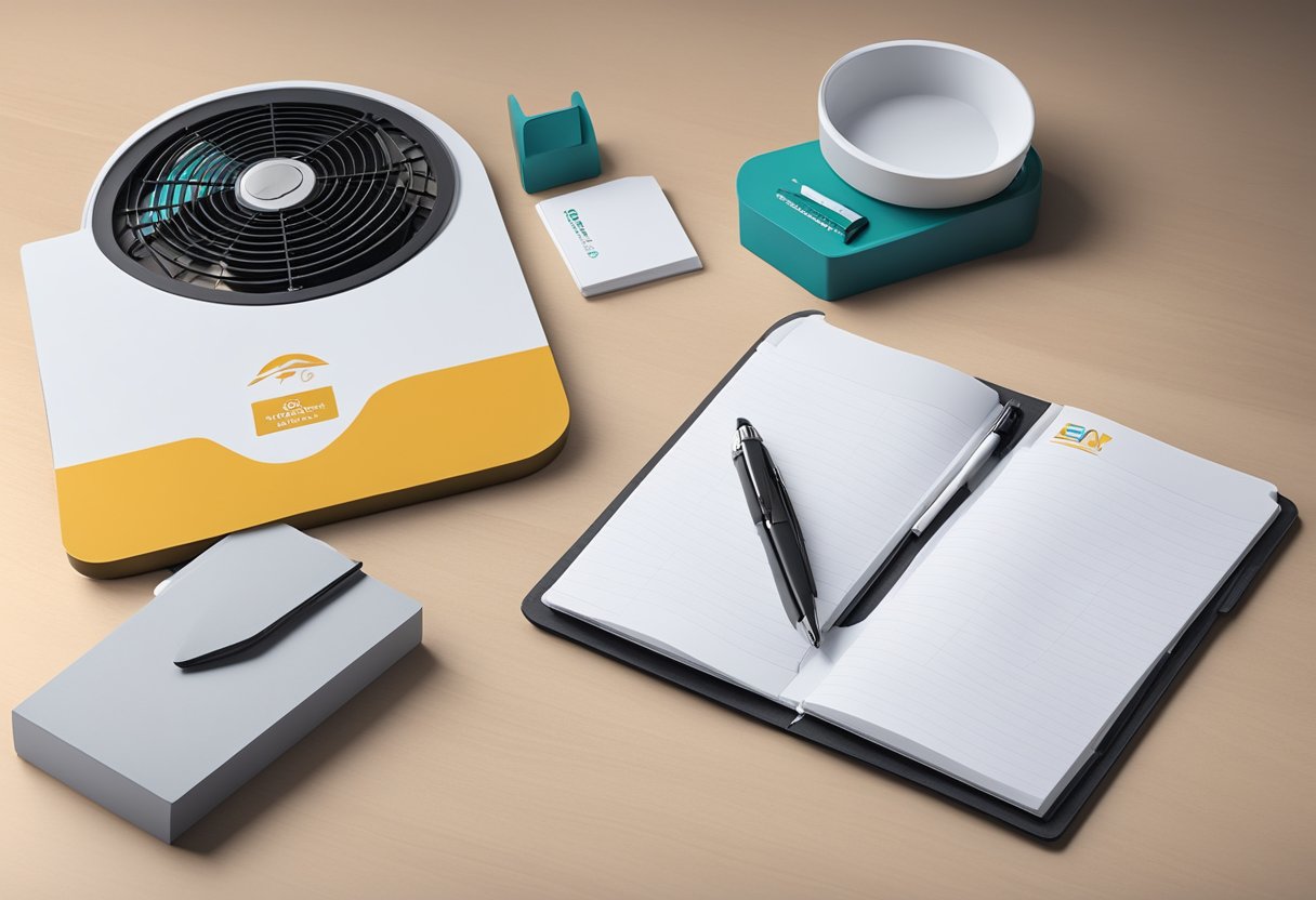 A corporate gift foldable fan lies on a sleek desk next to a branded pen and notepad. The fan is open, displaying the company logo on its surface