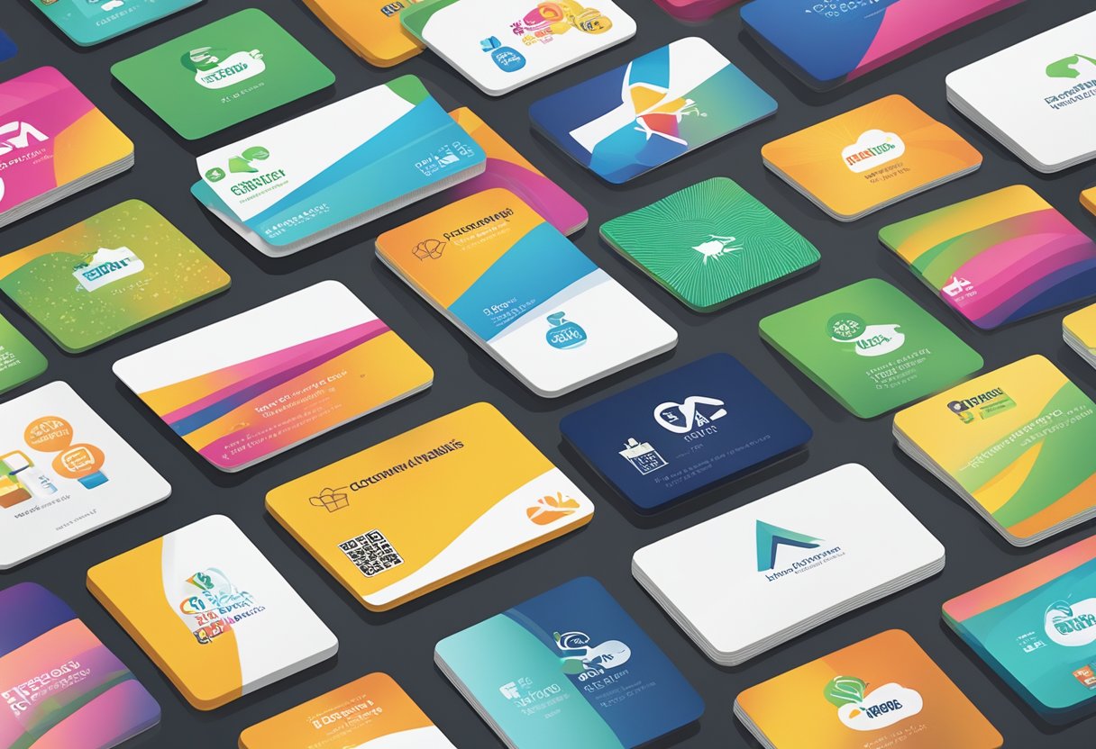 A stack of custom corporate gift cards with "Frequently Asked Questions" printed on them, surrounded by a variety of gift items and a logo of a company