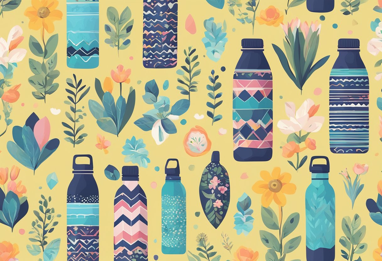 A colorful custom water bottle sits on a table, surrounded by various design elements like flowers, geometric patterns, and personalized text