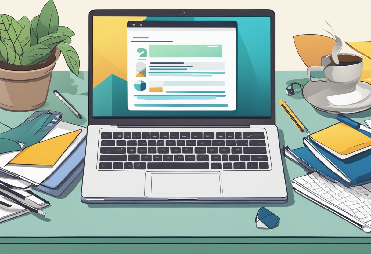 A laptop with a "Frequently Asked Questions" screen displayed, surrounded by various office supplies and a cup of coffee