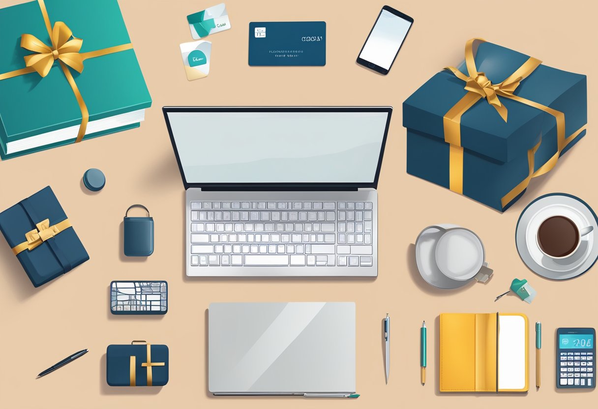 A table displays branded gifts: tech gadgets, luxury items, and gift cards. A banner reads "Corporate Incentive Gifts" above the table
