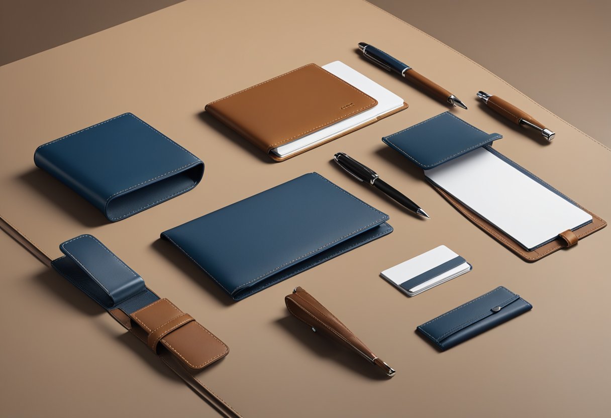 A leather corporate gifts set arranged on a sleek desk. Pen, notebook, and cardholder are neatly placed, with the company logo embossed on each item