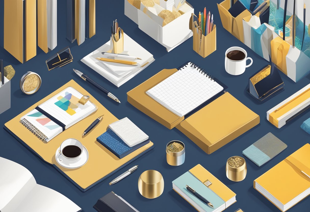 A table displays an array of corporate premium gifts, including branded pens, elegant notebooks, and luxurious gift sets. A professional consultant assists a client in selecting the perfect items