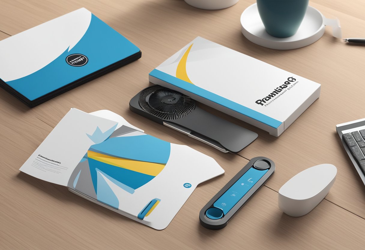 A branded foldable fan with company logo, in sleek packaging, displayed on a modern desk with promotional materials
