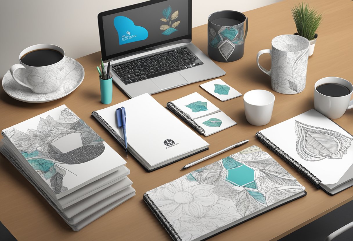 A table adorned with custom printed corporate gifts, including mugs, pens, and notebooks, displayed in an office setting with branding logos