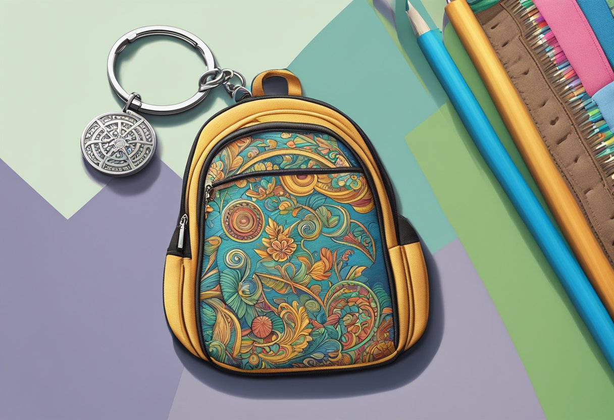 A custom keychain featuring a colorful, intricate design hangs from a backpack, catching the sunlight and casting a playful shadow on the fabric