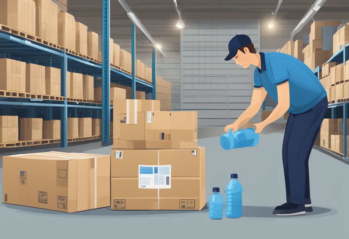A person orders custom water bottles online. A warehouse worker packages and labels the bottles for shipping