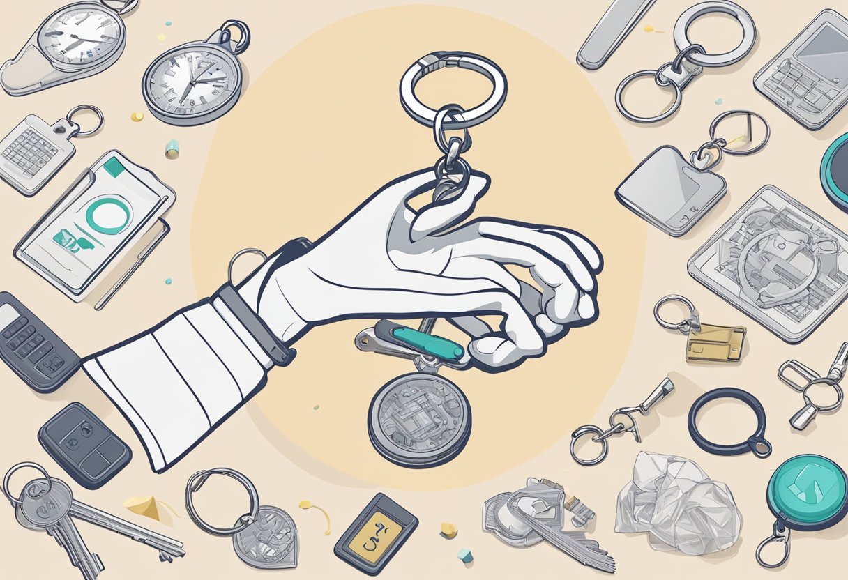 A hand holding a blank keychain, with various design elements (letters, symbols, shapes) floating around it, representing the customization process