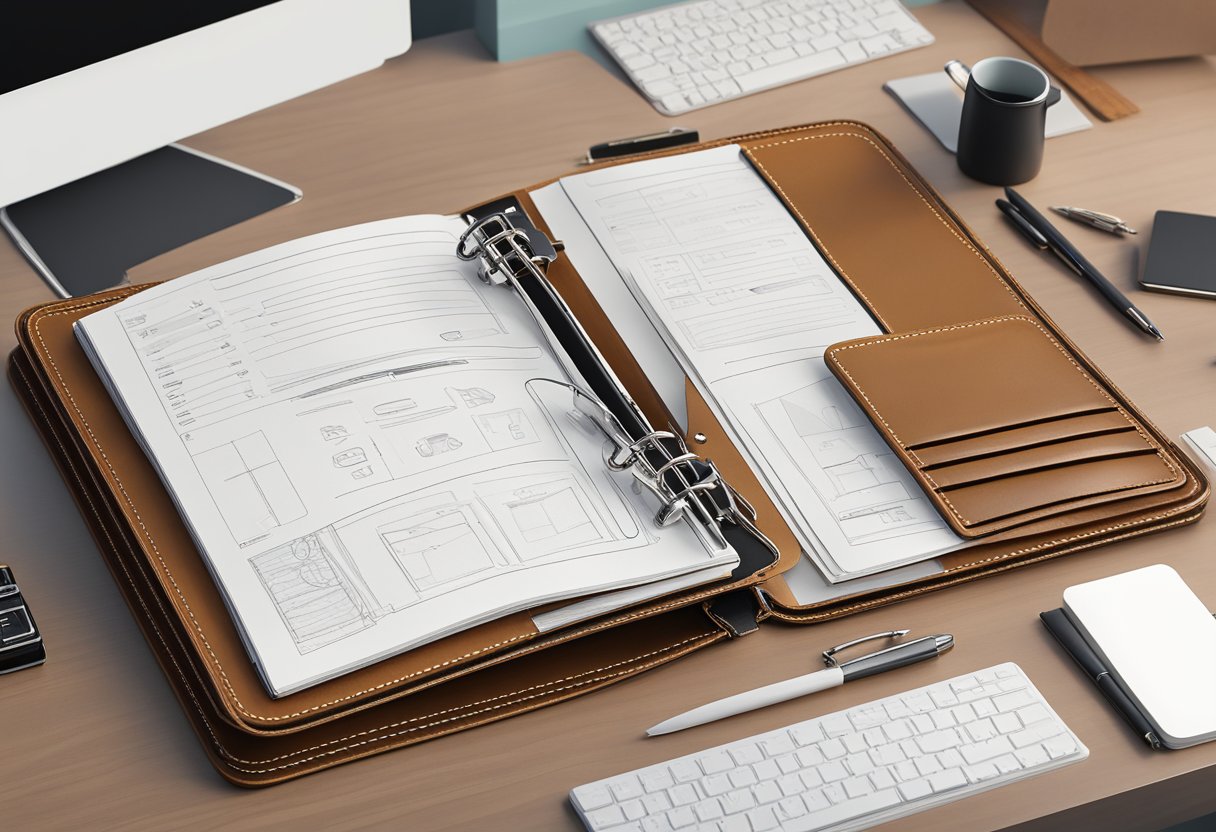 A custom leather binder lies open on a desk, showcasing its practical applications and maintenance features