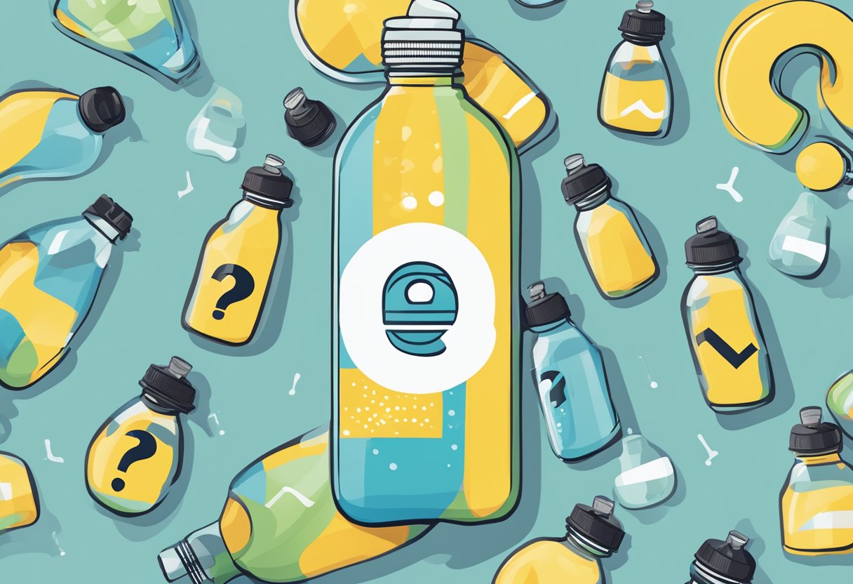 A custom water bottle with "Frequently Asked Questions" printed on it, surrounded by question marks and a clean, modern background