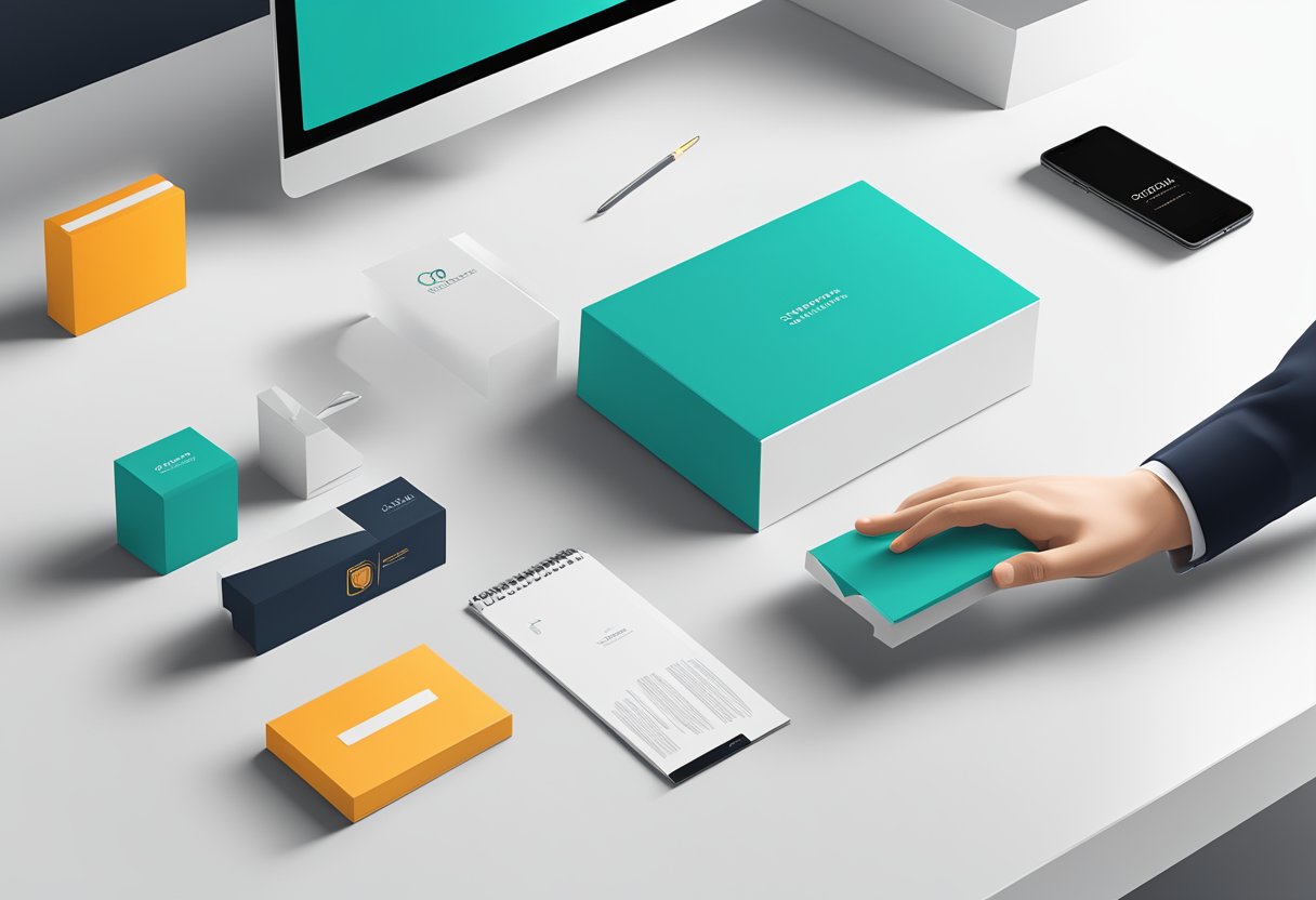 A hand reaches for a sleek, modern corporate gift package on a clean, minimalist desk with branding materials in the background