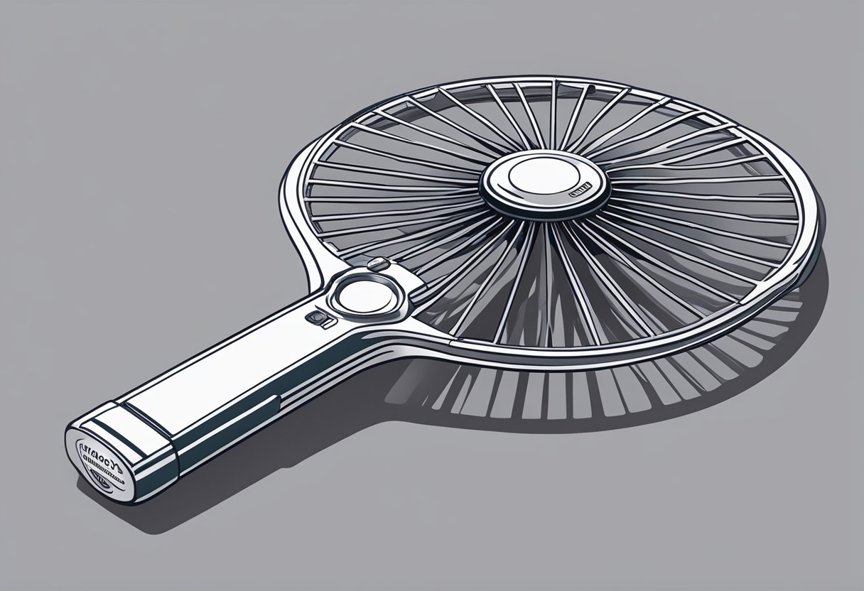 A hand holding a foldable fan with corporate branding, displayed alongside technical specifications and usage instructions