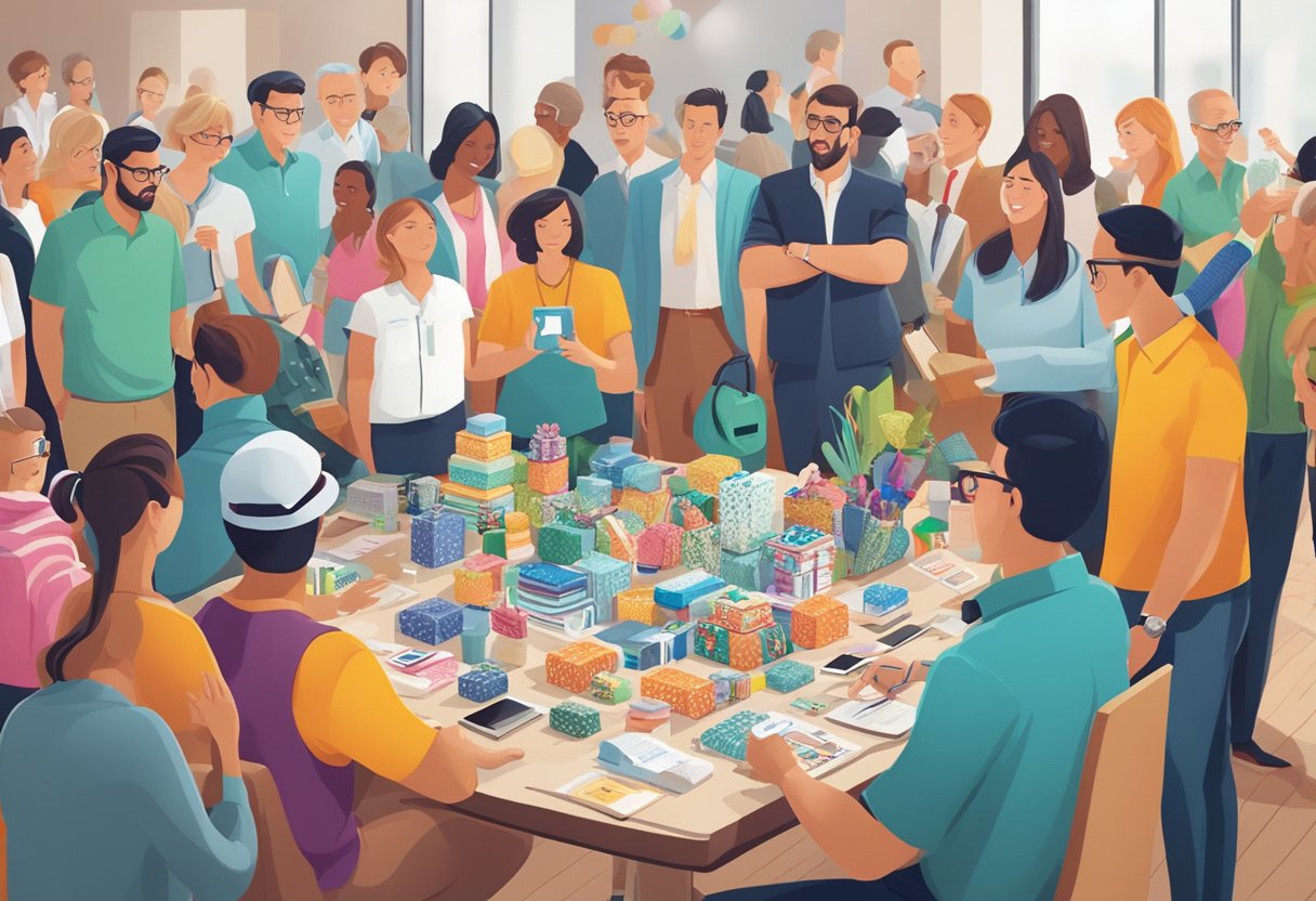 A table covered with custom printed corporate gifts, surrounded by curious onlookers