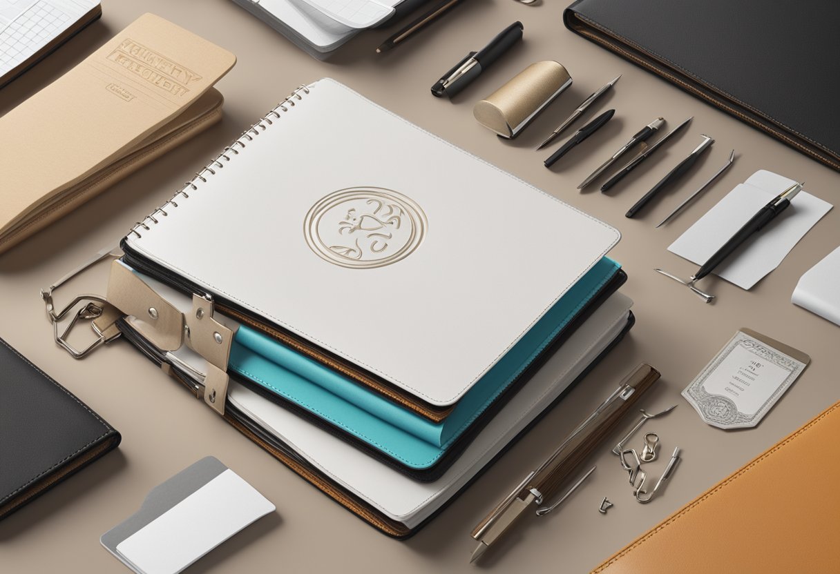 A custom leather binder with "Frequently Asked Questions" embossed on the cover, surrounded by various question marks and a clean, professional aesthetic