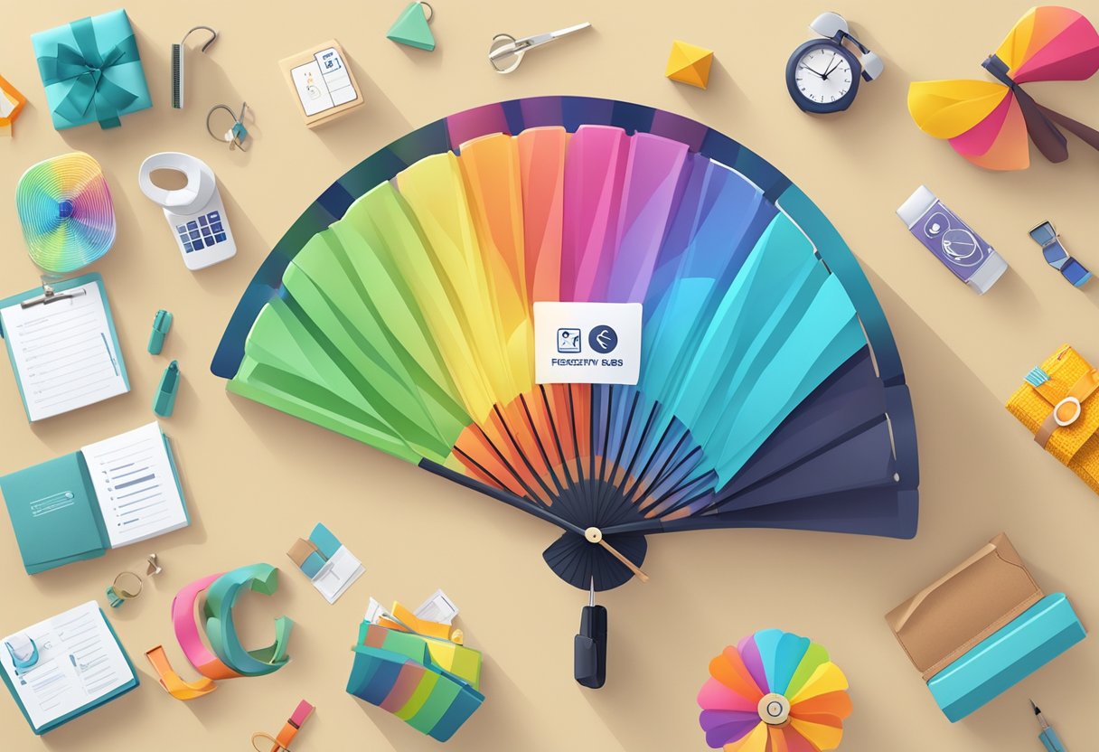 A colorful foldable fan with "Frequently Asked Questions" logo displayed on one side, surrounded by various corporate gift items