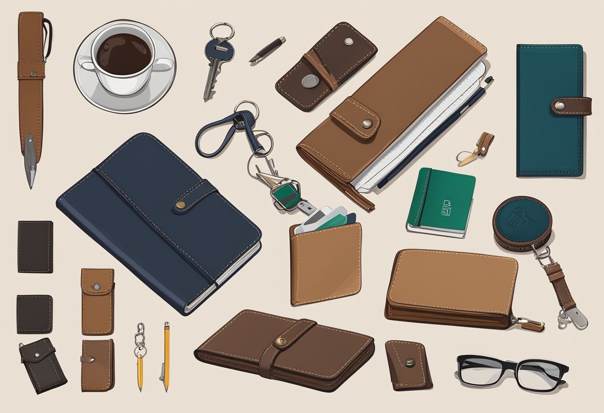 A table with leather items: notebooks, wallets, and keychains. A designer is customizing the products with logos and initials