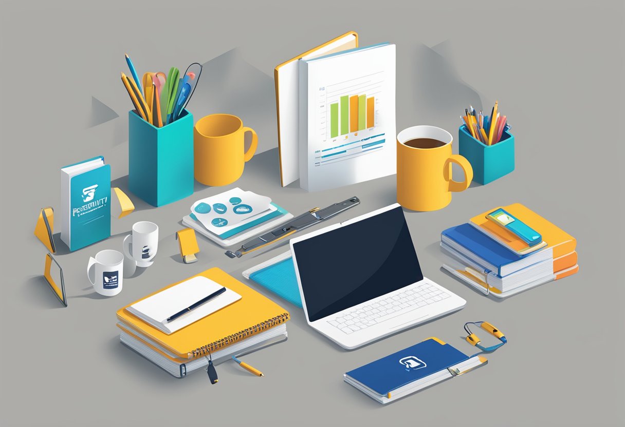 A table with branded corporate gifts displayed, including mugs, notebooks, and tech accessories. A banner reads "Frequently Asked Questions corporate incentive gifts."