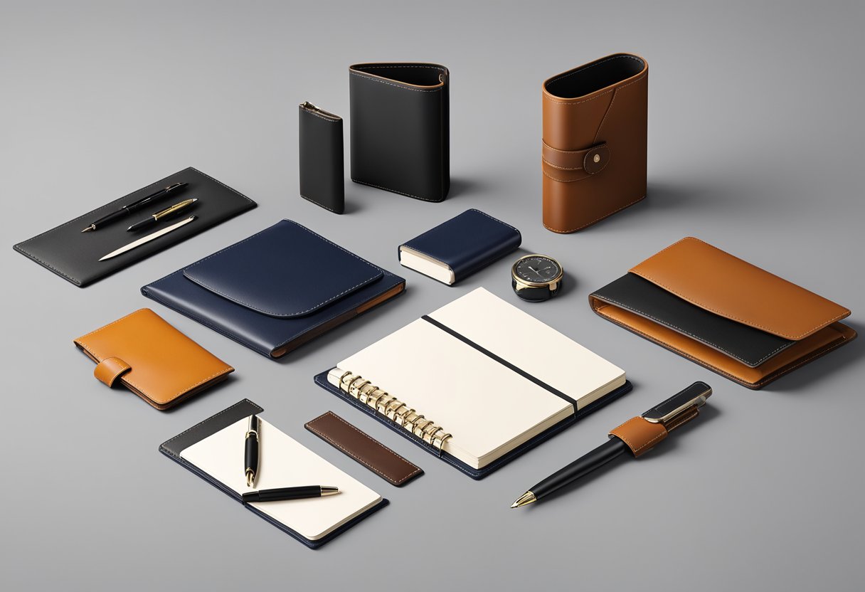 A table displays a leather corporate gifts set with various items like notebooks, pen holders, and cardholders. The products are elegantly arranged with attention to detail
