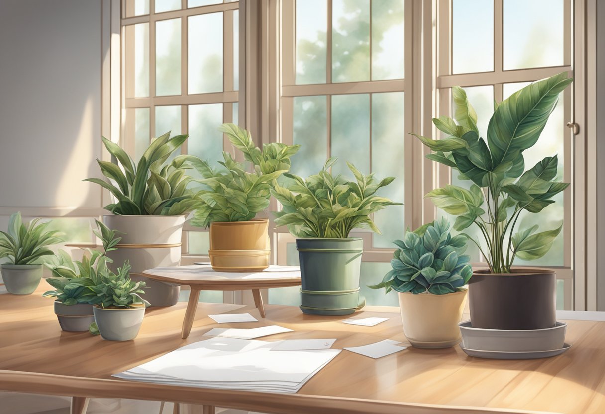 A table with various potted plants, each adorned with a ribbon and a small card with a corporate logo. The room is filled with natural light, creating a warm and inviting atmosphere