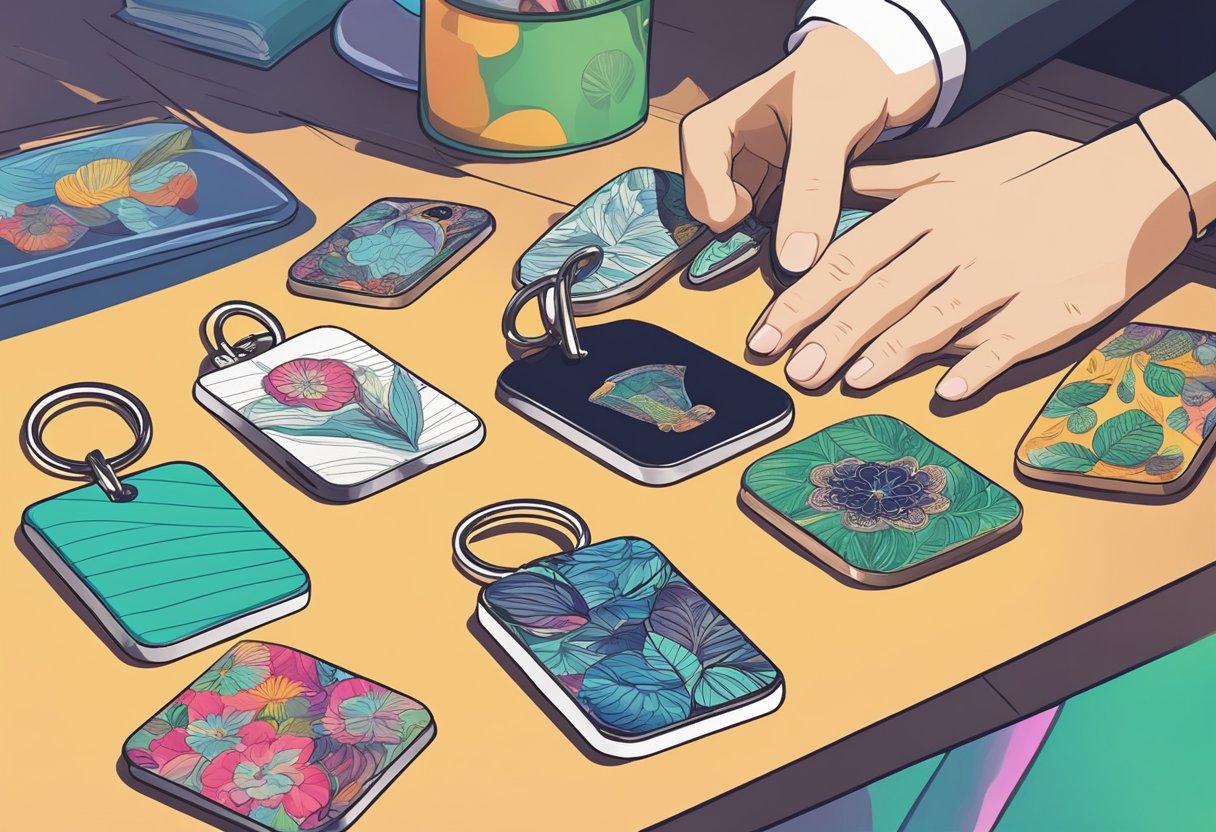 A hand reaching for a custom keychain on a table, with various designs and colors displayed in the background